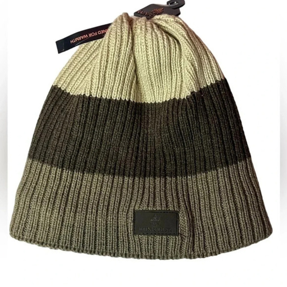 Rainforest Tri-Color Knit Winter Hat Green Black Tan NWT Fleece Lined